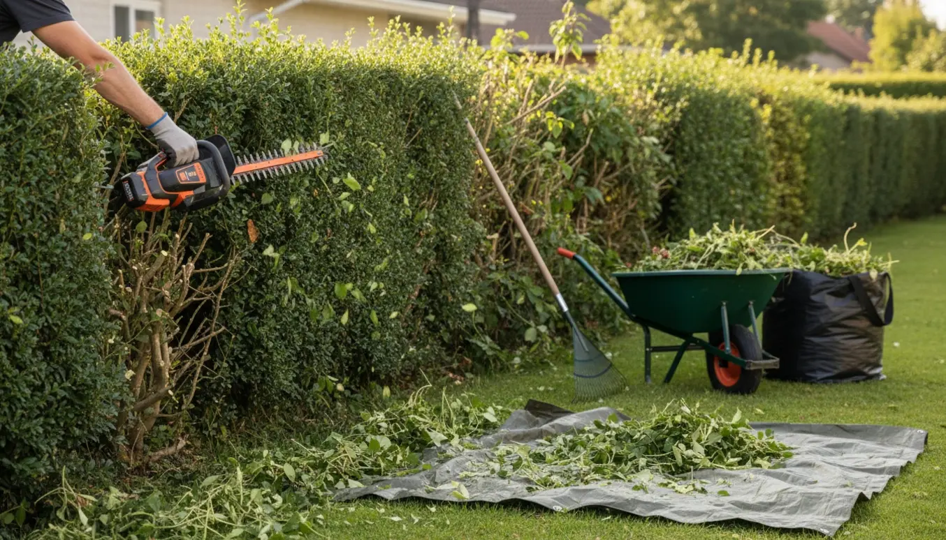 Lang hæk med den ene side nyslået, afklip samlet i en trillebør og klar til bortskaffelse.