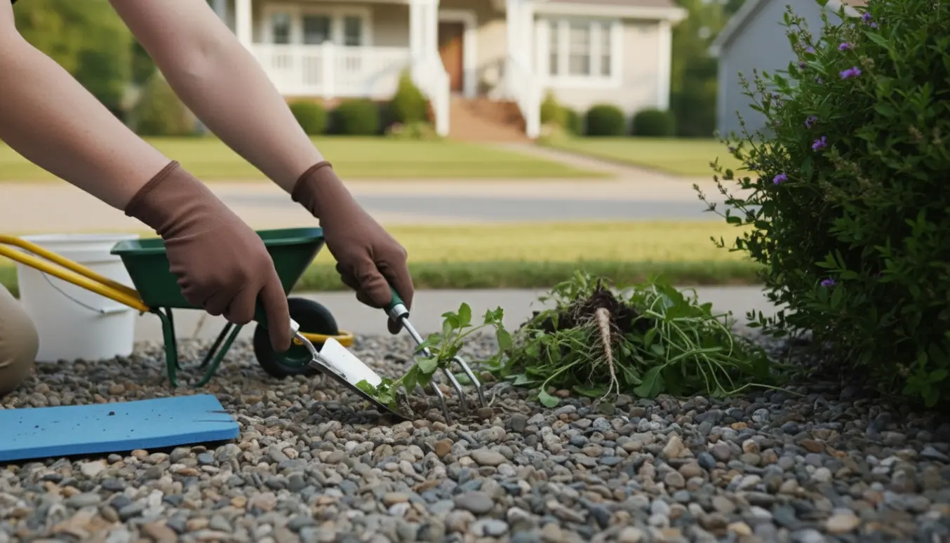 Hænder i handsker fjerner ukrudt fra en stenbelagt indgang og lægger det i et nærliggende krat.