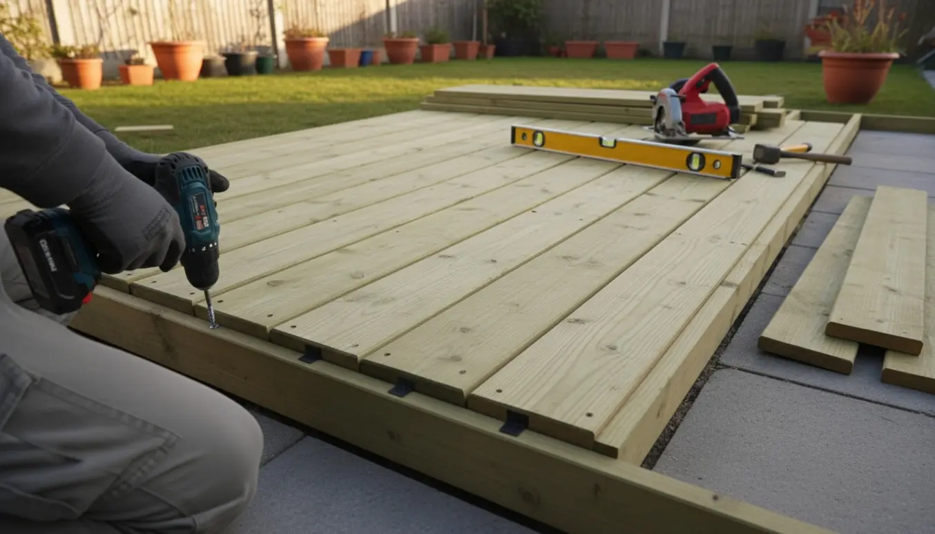 Nærbillede af opbygning af trykimprægneret træterrasse lagt direkte oven på fliser med værktøj omkring.