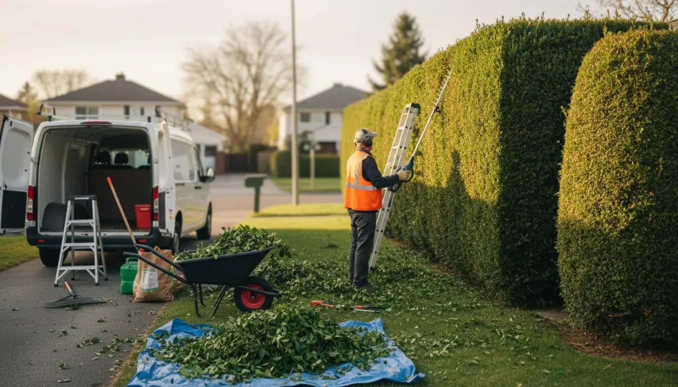 En person trimmer en høj hæk på vores side med afklip samlet på en presenning og en varebil klar til bortkørsel.