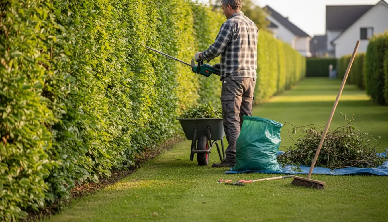 Person trimmer en 1,5 m høj bøgehæk langs en havegang, mens afklip samles i trillebør.