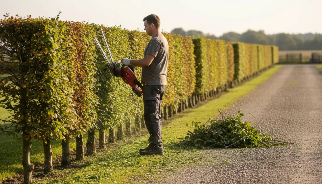 En person beskærer en 40 meter lang bøgehæk langs en indkørsel med en kraftig hækkeklipper, uden synligt ansigt.