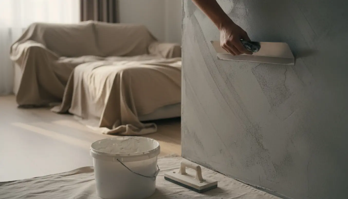 Hænder der spartler vægge i stue/soveværelse for at skabe et betonlook.