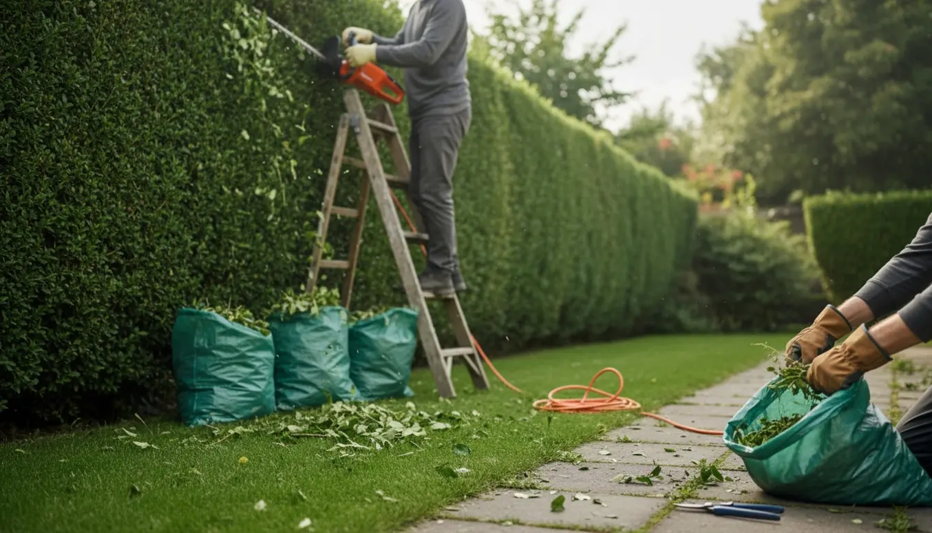 Hækkeklipning ved en høj hæk med stige og haveredskaber, mens ukrudt fjernes og opsamles i havesække.