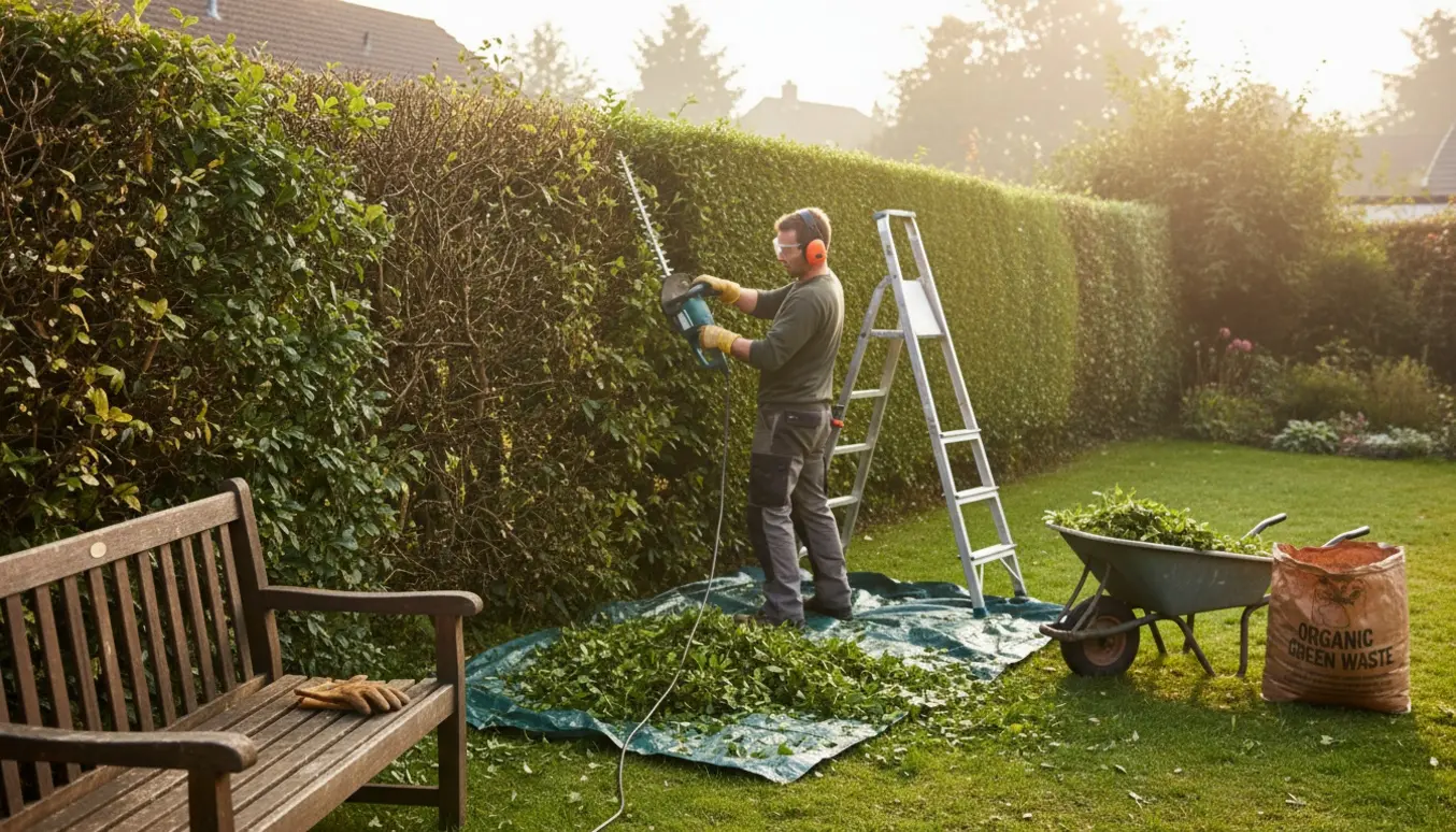 En person klipper en hæk i haven fra bagsiden, med afklip samlet på presenning og i trillebør.