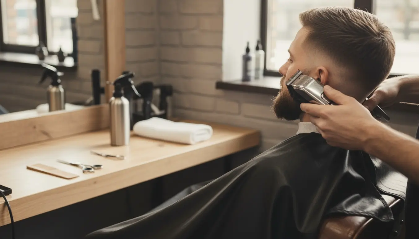 Barber trimmer kort hår og former skæg i en moderne barberstue.
