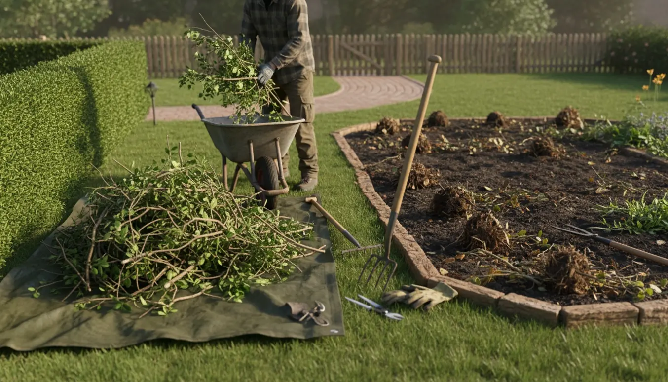 Afklippede hækgrene og et større blomsterbed fjernes i en privat have med trillebør, skovl og haveredskaber.