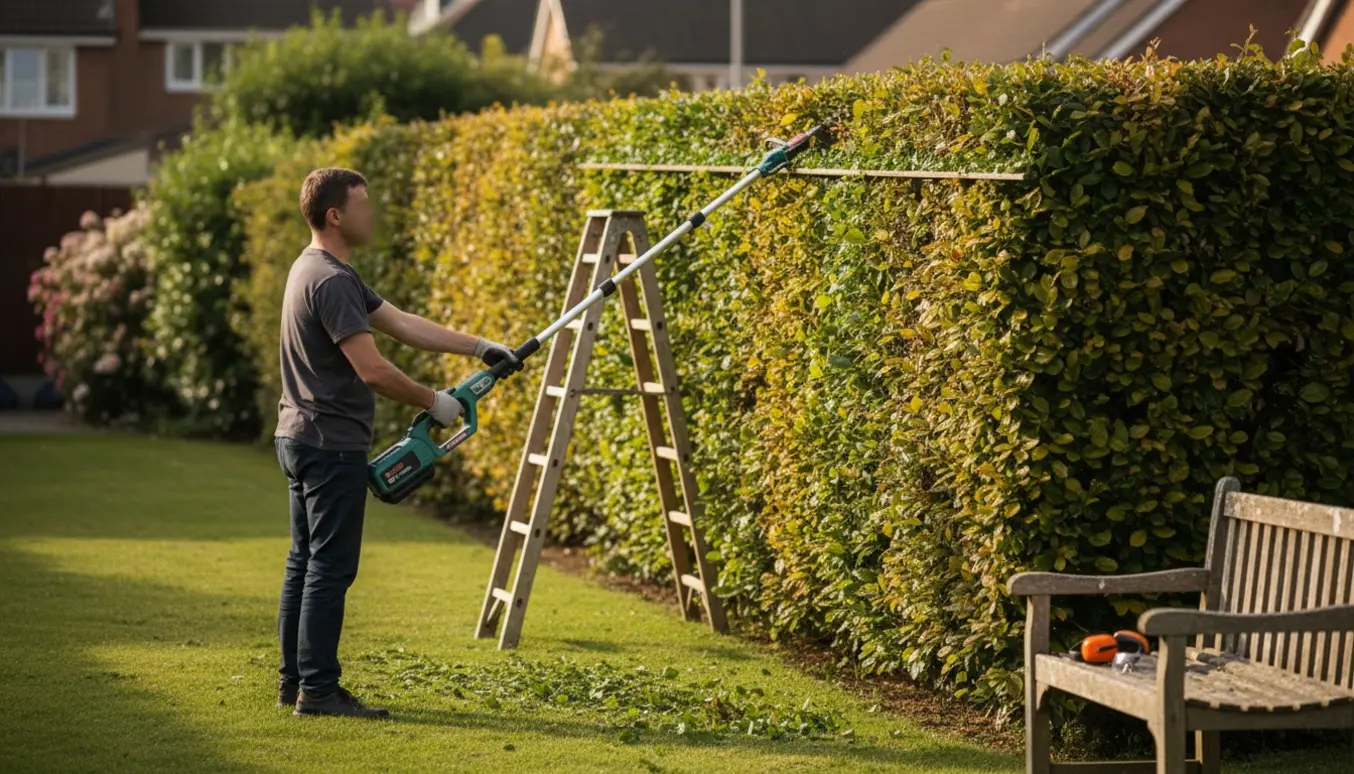 Person klipper toppen af en lang bøgehæk med en batteridrevet hækklipper, set bagfra.