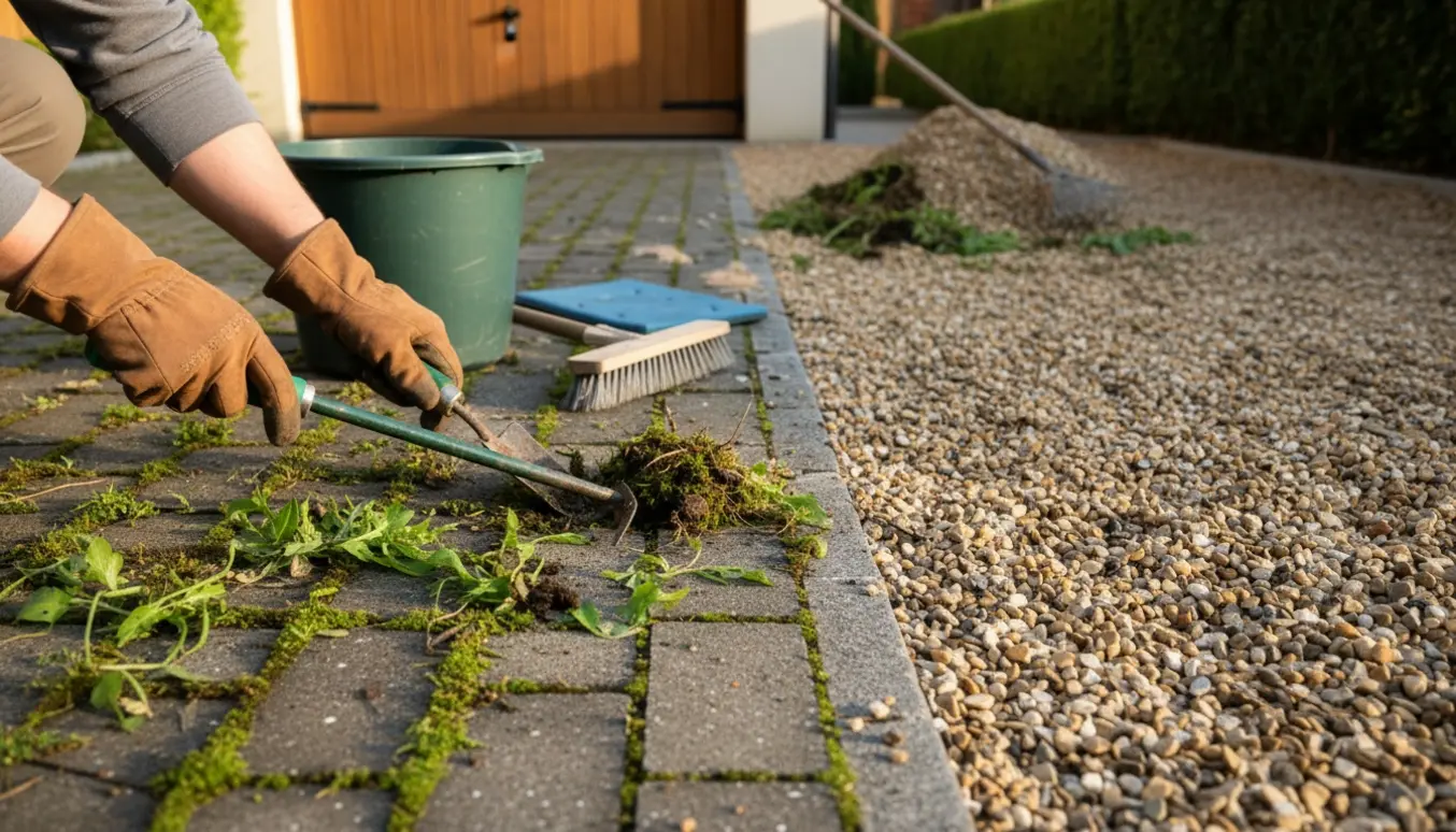 Person fjerner ukrudt mellem fliser og i grusindkørsel med håndredskaber og rive.