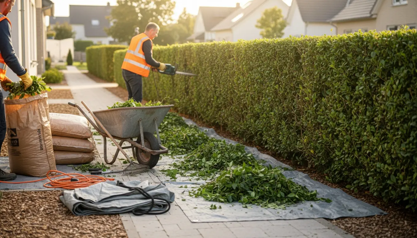 Lang hæk klippes, og afklip samles i skubkærre og affaldssække.