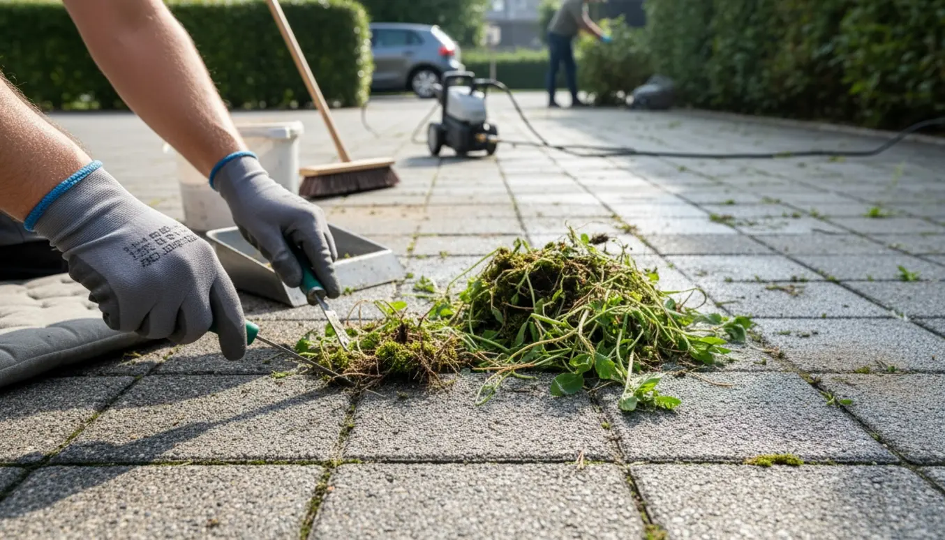 Handskerede hænder fjerner ukrudt fra fliser på en indkørsel og fortov.