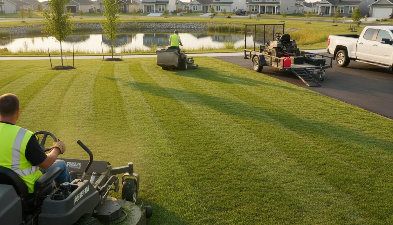 Sommerfoto af græsklipning i fællesområde med plænetraktor, små træer og en opsamlingssø i baggrunden.