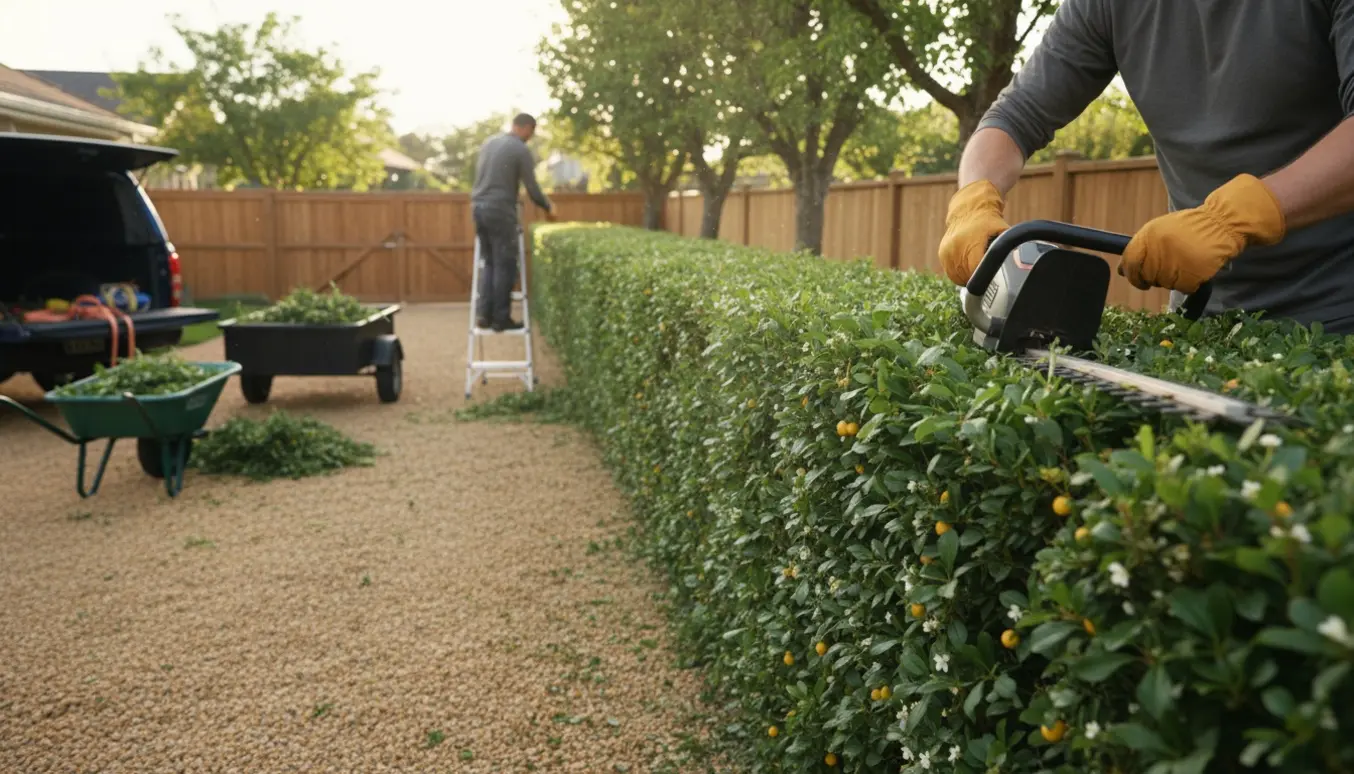En person klipper en 25 meter mirabellahæk med trimmer, og afklip læsses i en trailer til storskrald.