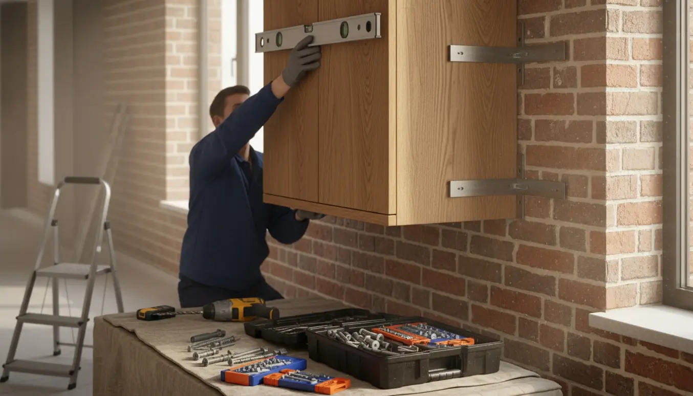 Håndværkere monterer en massiv egetræs-vitrine på en murstensvæg med boremaskine og værktøj i forgrunden.