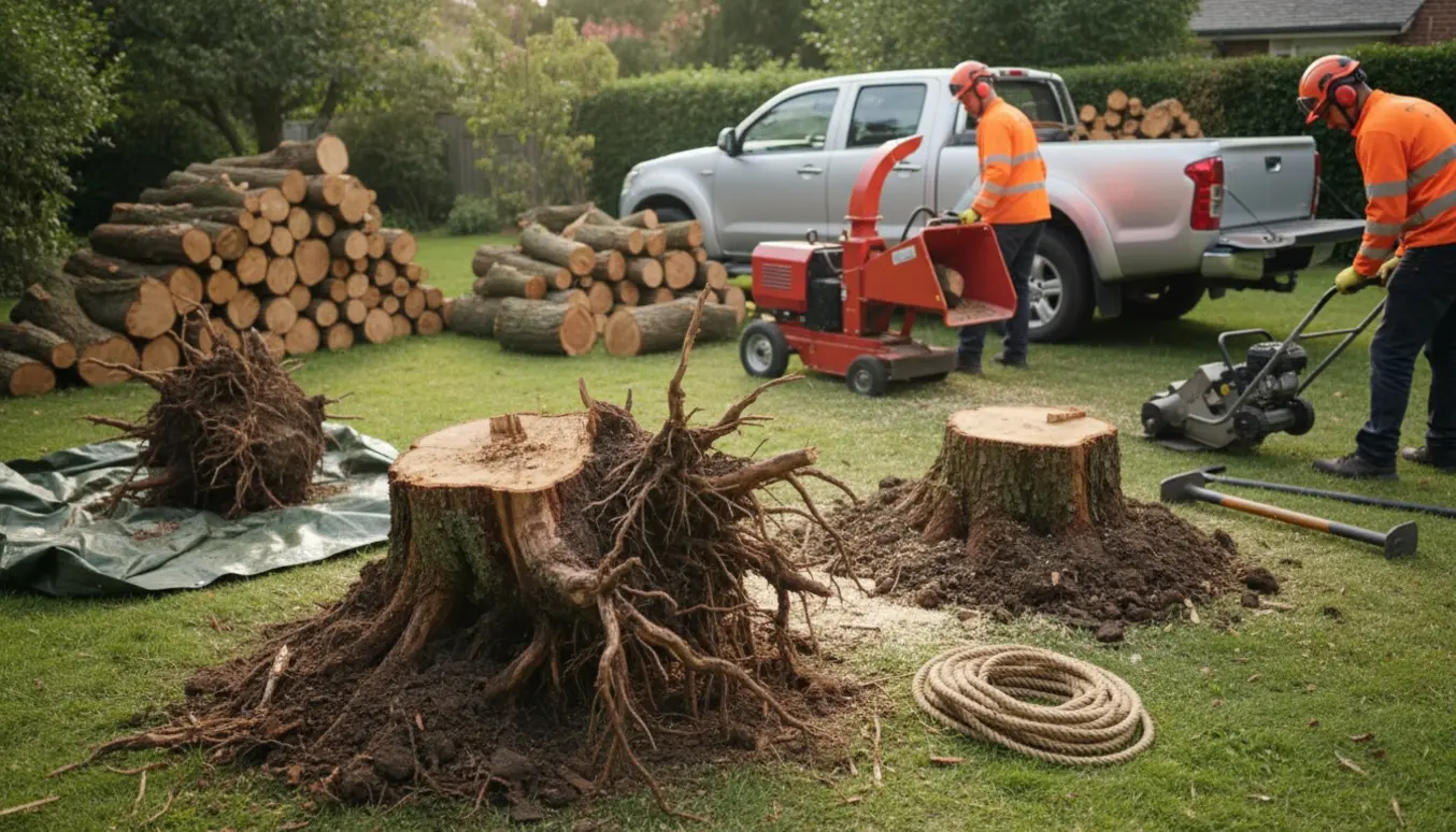 Haver med fældet æbletræ og udsatte rødder, stabler af træstammer og udstyr klar til bortkørsel.