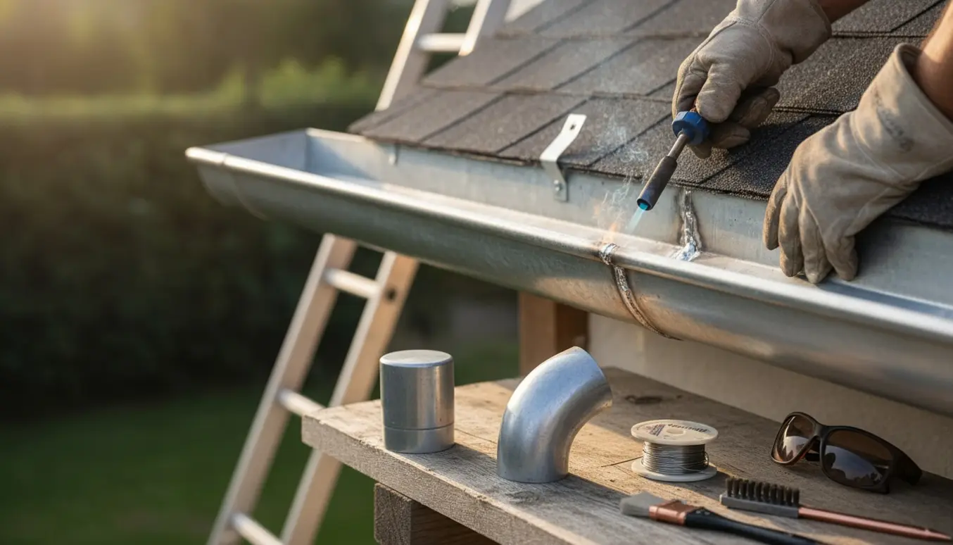 Hænder lodder en tagrende ved tagudhænget med to endebunde og et tudstykke lagt frem.