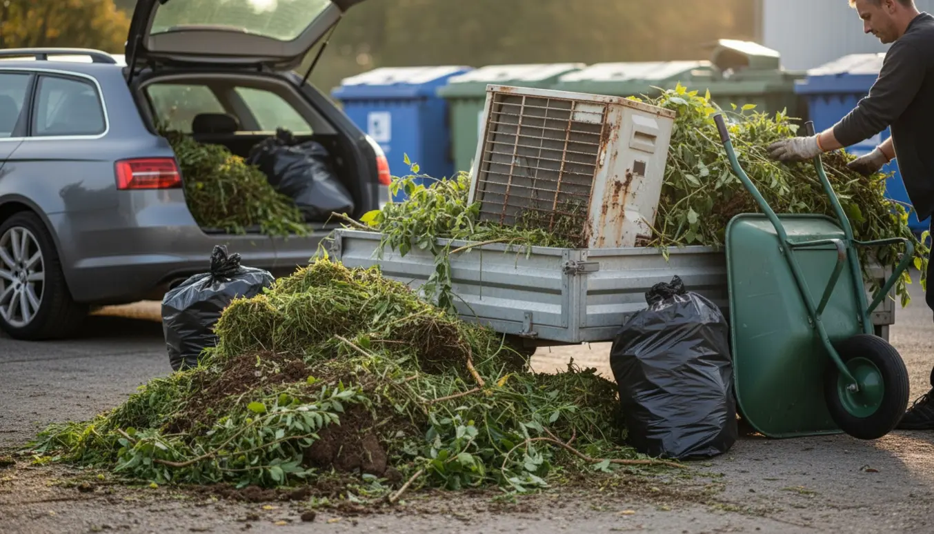 En person læsser haveaffald og en gammel luft-til-luft-enhed af ved en genbrugsplads.