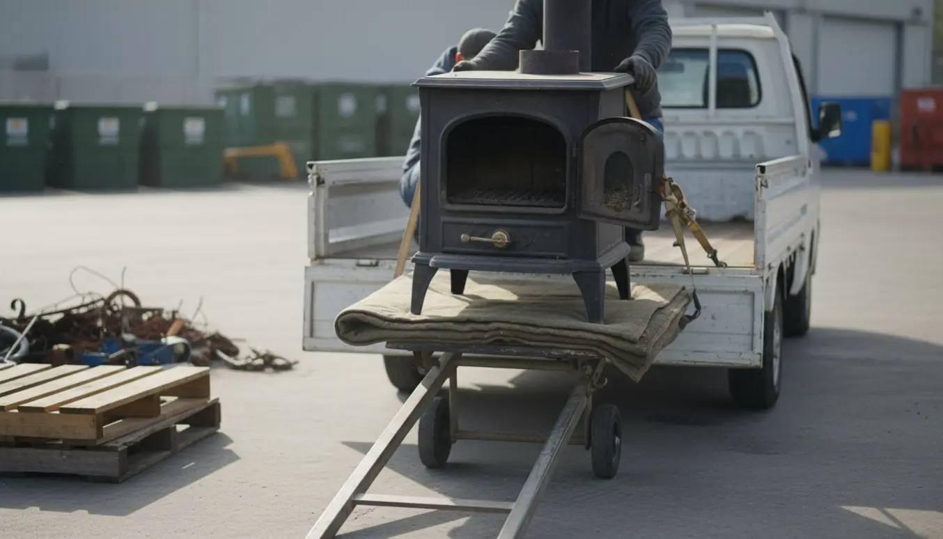 Brændeovn læsses af på en genbrugsstation med tralle og arbejdshandsker.