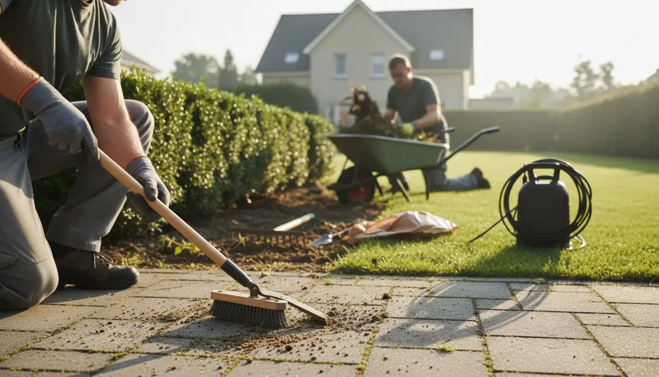 Håndværkere fjerner ukrudt mellem fliser og under en hæk med trillebør og haverværktøj.