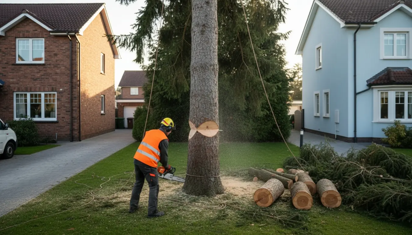 Arborist i sikkerhedsudstyr fælder en 10 m høj gran mellem to huse med savsmuld og afsavede stammer på græsplænen.