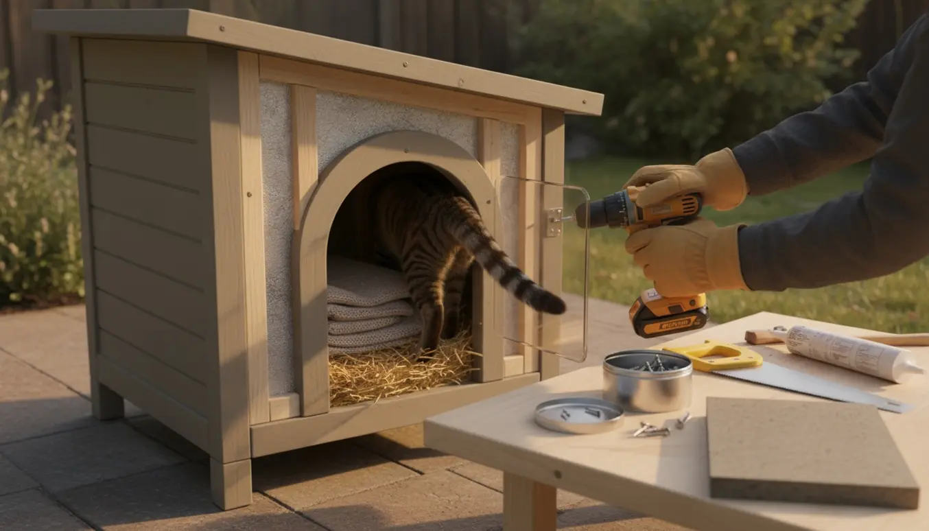 Isoleret udendørs kattehus med kattelem på en havepatio og værktøj ved siden af.
