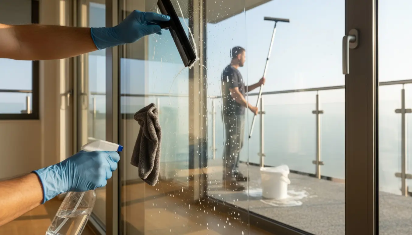 Stor vinduesparti og terrassedør rengøres indvendigt og udvendigt fra altanen med klud, sæbevand og vinduesskraber.