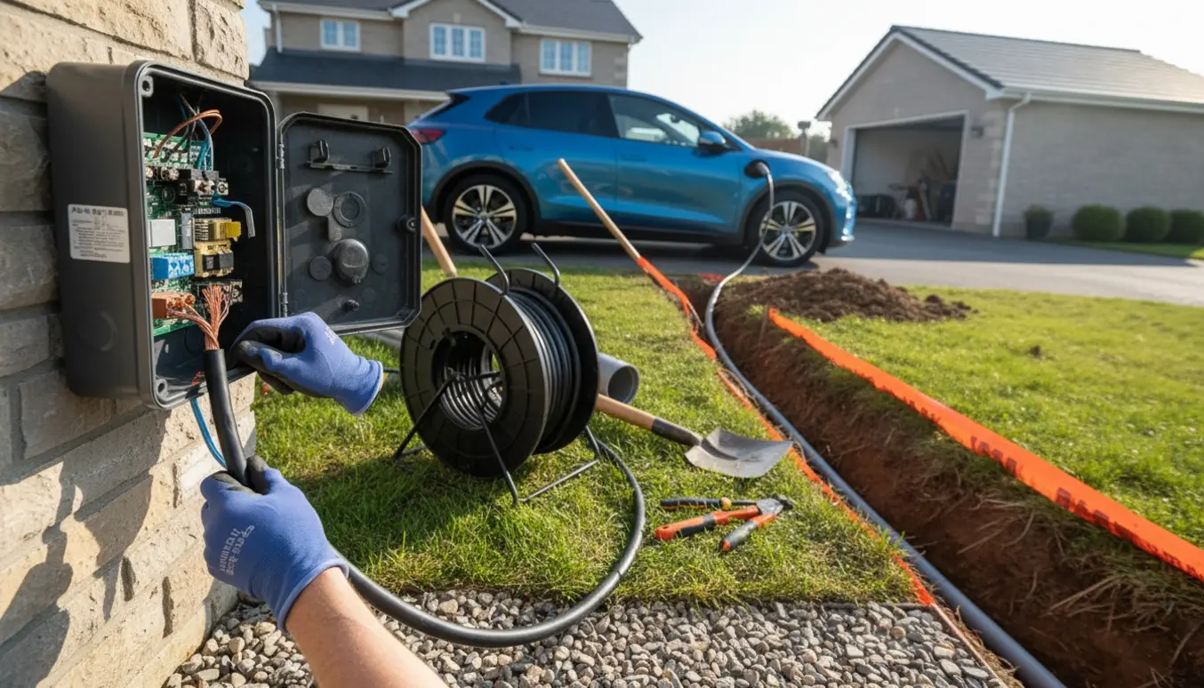 Elektriker tilslutter en eksisterende ladeboks med kabelrende i indkørslen, elbil i baggrunden.