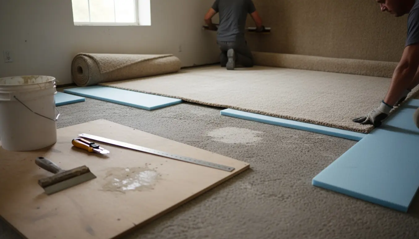 Nyt gulvtæppe monteres i et kvadratisk rum med ujævnt undergulv og værktøj spredt på gulvet.