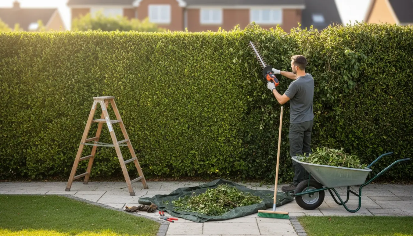 En velplejet hæk bliver pænt klippet med hækkeklipper, og afklip samles i en trillebør i forhaven.