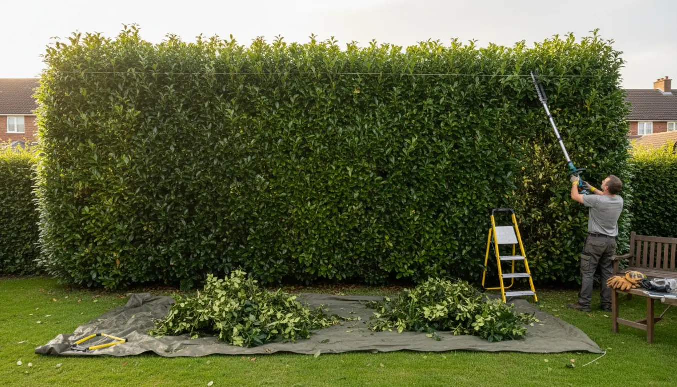 En person trimmer en høj laurbær-kirsebærhæk med afskårne grene samlet på et tæppe i haven.