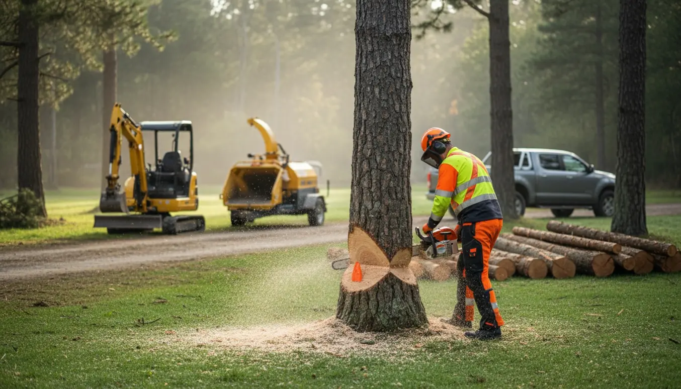Fældning af et 10 meter højt fyrretræ med motorsav og maskiner i baggrunden, arbejderen har ansigtet vækvendt.