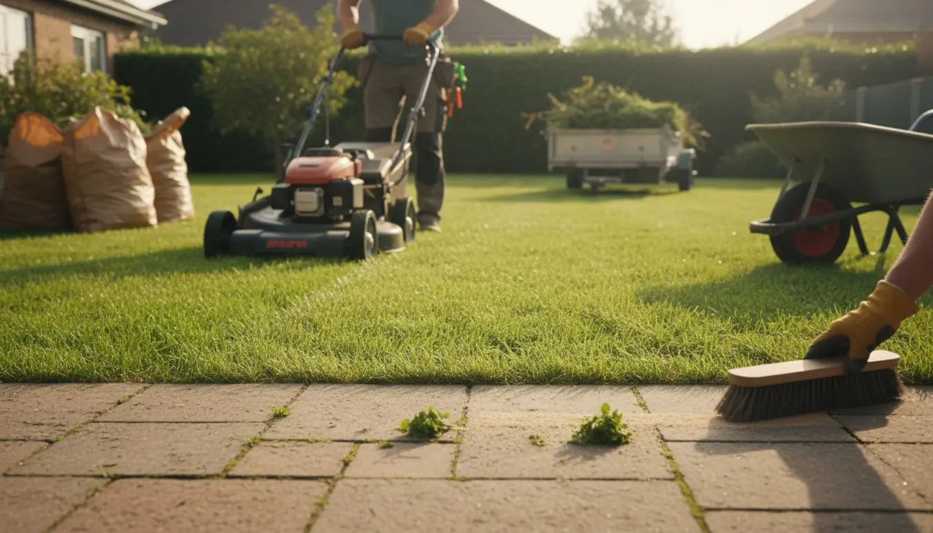 Kraftig plæneklipper slår højt græs ved siden af et fliseareal, hvor ukrudt fjernes og stenmel fejes i fugerne, og haveaffald samles til bortkørsel.