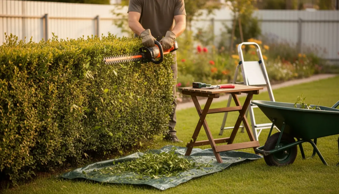 Batteridrevet hækkeklipper i aktion på en almindelig havehæk med handsker og værktøj i baggrunden.