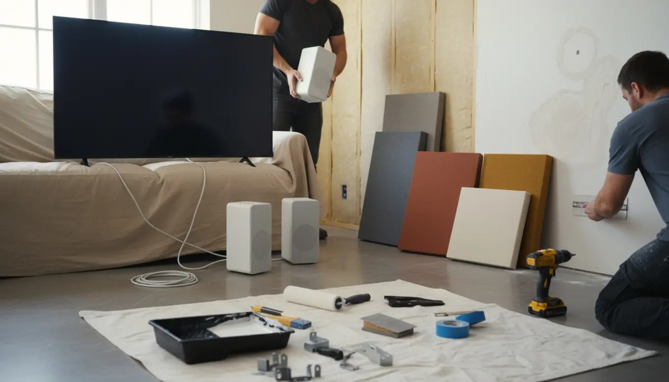 Stue under renovering med 75" TV på gulvet, Sonos-højttalere, akustikpaneler og en hånd, der spartler væg.