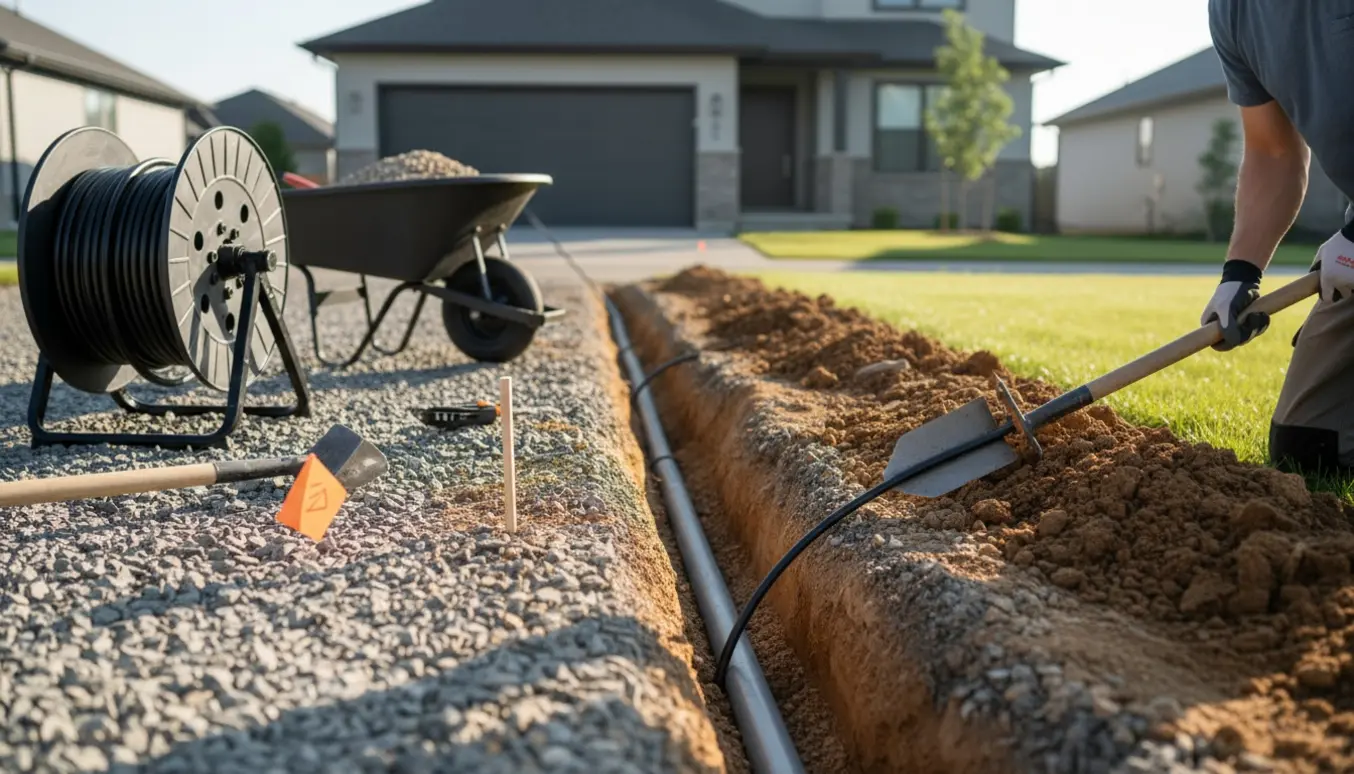 Åben grøft i en grusindkørsel med elkabel og værktøj under nedgravning.
