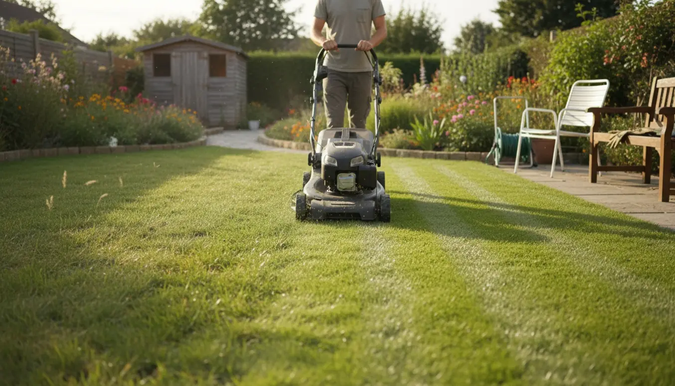 En græsslåmaskine klipper en mellemstor baghaveplæne med den ene side nyklippet og den anden stadig høj.