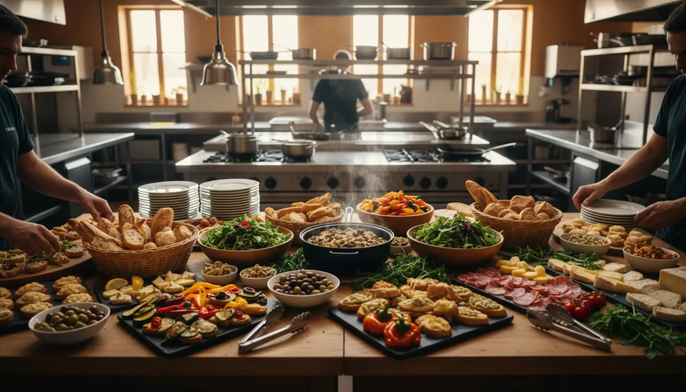 Lang buffet i et stort køkken med fade fyldt med tapas og hænder, der arrangerer serveringer.