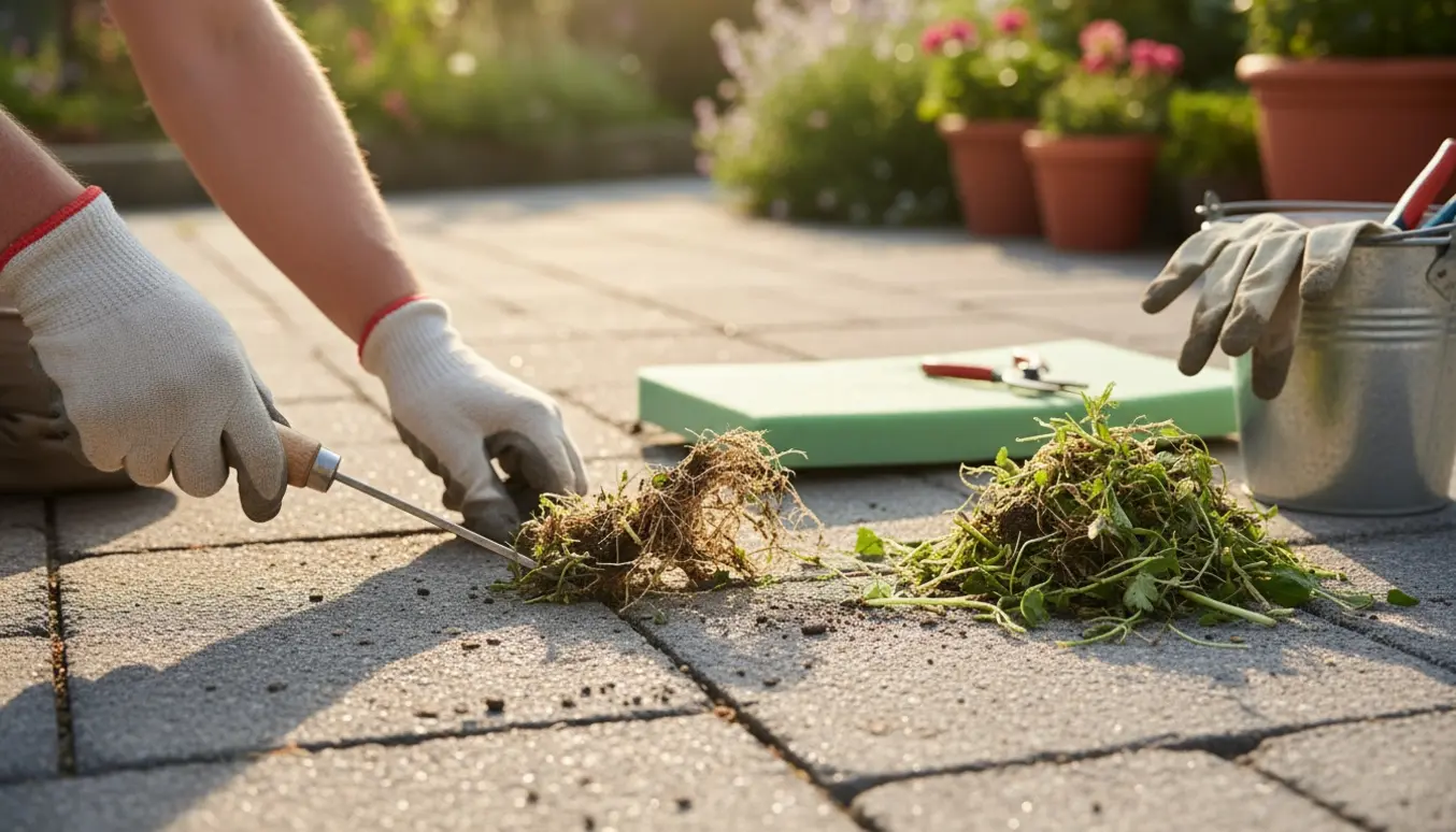 Nærbillede af handskerede hænder, der fjerner ukrudt mellem fliser på en solrig terrasse.