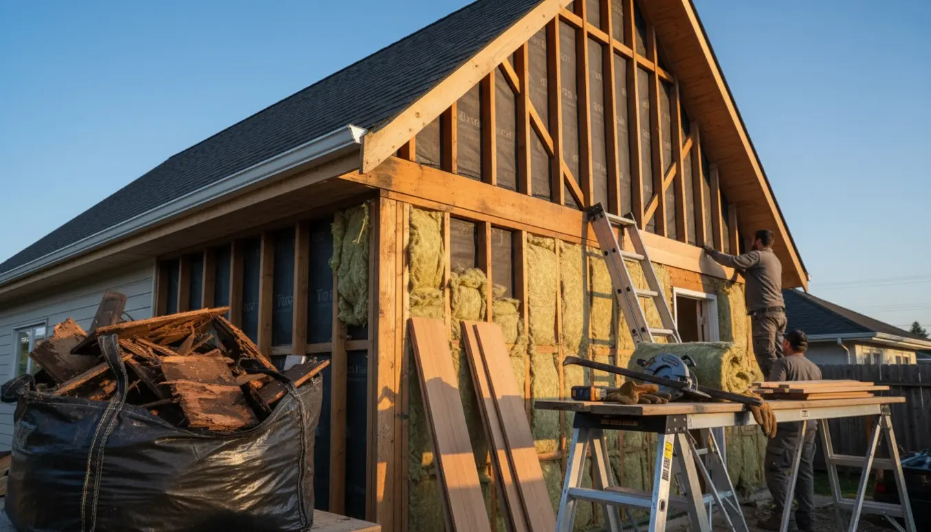 Udvendig væg under udskiftning med fjernede rådne brædder, synlig isolering, nye brædder og værktøj klar, og affald samlet i en container.