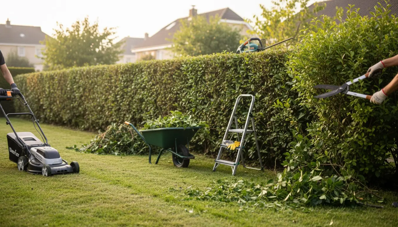Havearbejde med hækklipning, nyslået græs og beskæring af busk set fra siden, uden synlige ansigter.