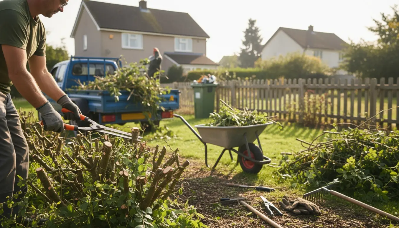 En gartner klipper tornebuske i en villahave med bunker af afklip og trailer klar til at køre affald væk.
