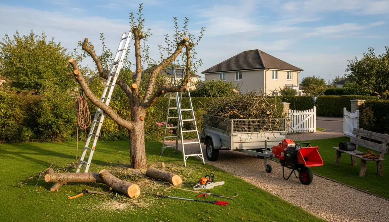 Kraftigt beskåret æbletræ i haven med bunker af afskårne grene og værktøj klar til bortkørsel.