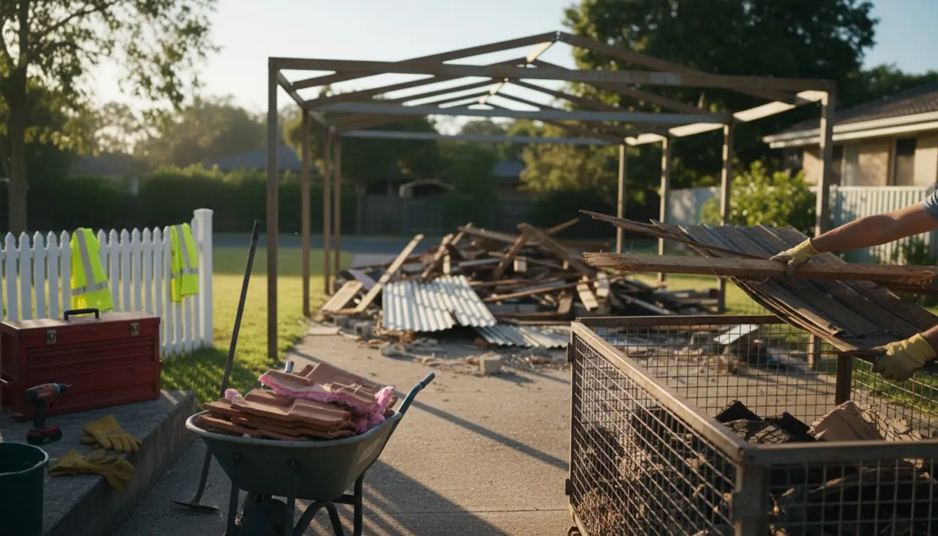 Delvist nedrevet carport på indkørsel med arbejdshandsker, værktøj og affald samlet i en container.