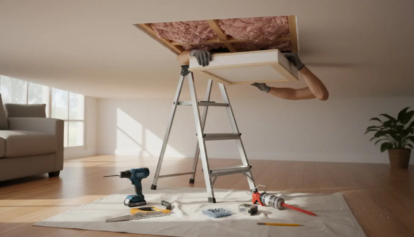 Håndværker monterer en simpel isoleret loftlem i et hul skåret i loftet med værktøj på en beskyttelsesdug.