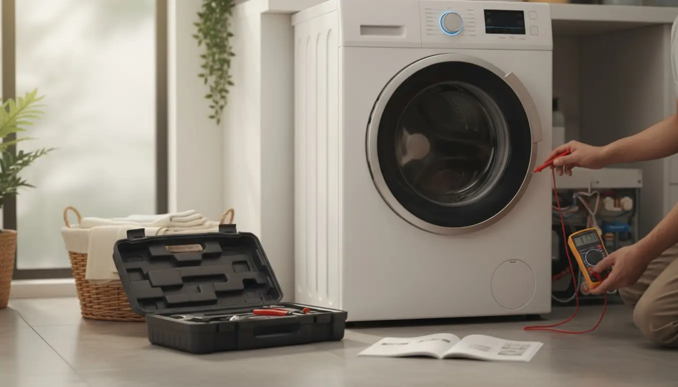 Hænder og værktøj ved en tænd vaskemaskine, mens der undersøges, hvorfor den ikke starter.