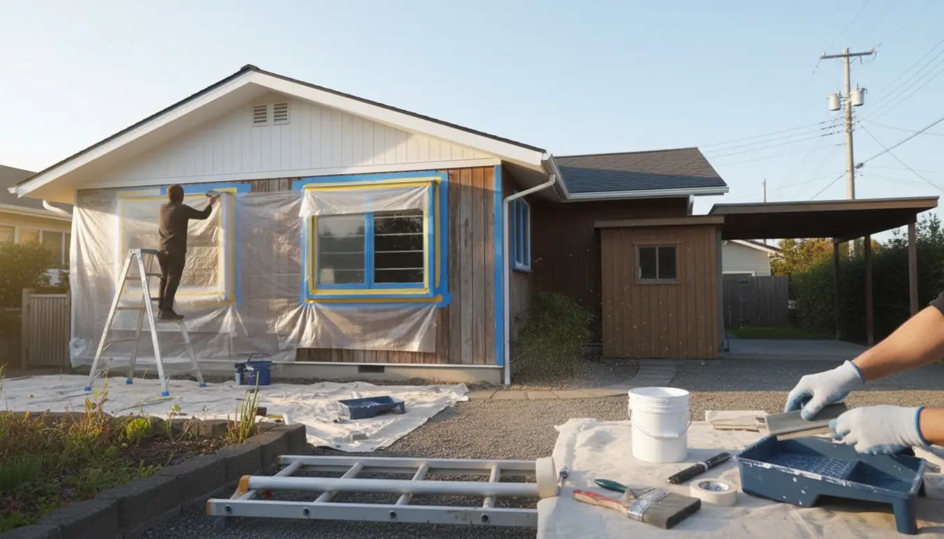 Udvendig maling af hus med skur og carport, værktøj og afdækningsmaterialer i fokus.