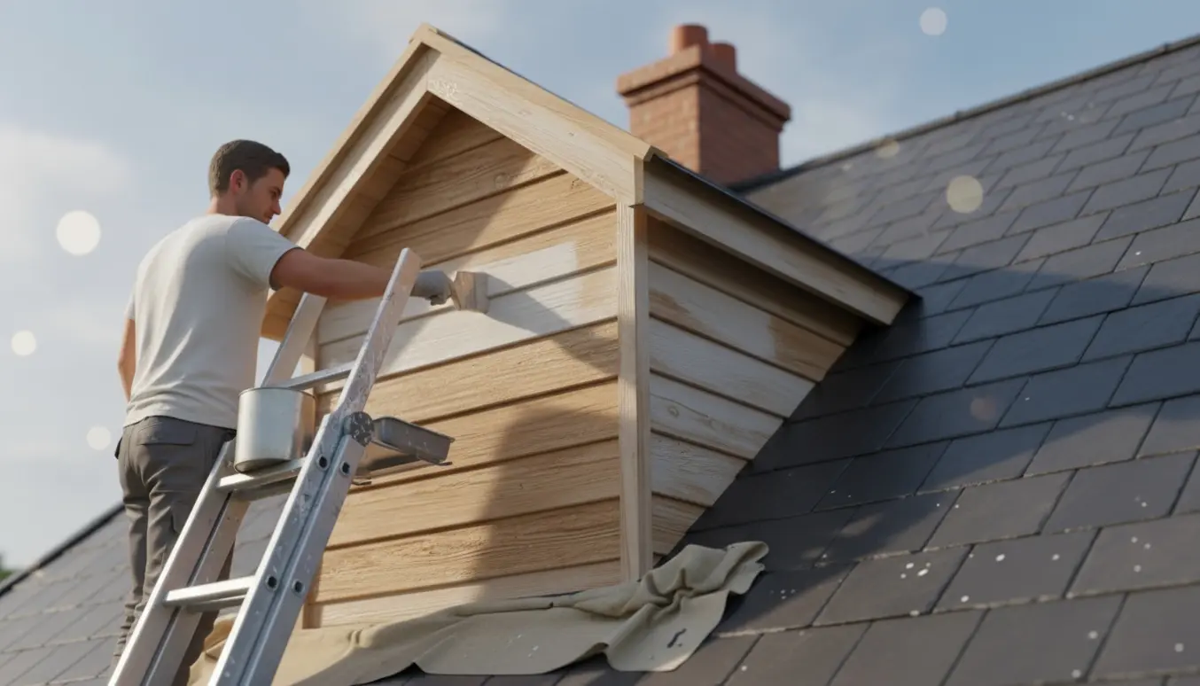Nærbillede af hænder på en stige, der maler en trækvist med pensel og åben malerbøtte.