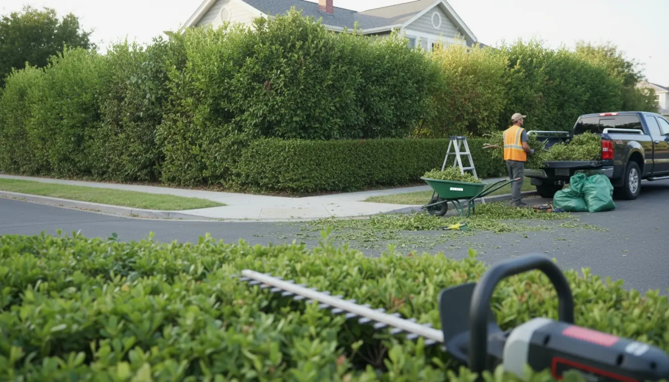 Gartner klipper en lang hjørnehæk med friske afklip i skubvogn og poser klar til bortkørsel.