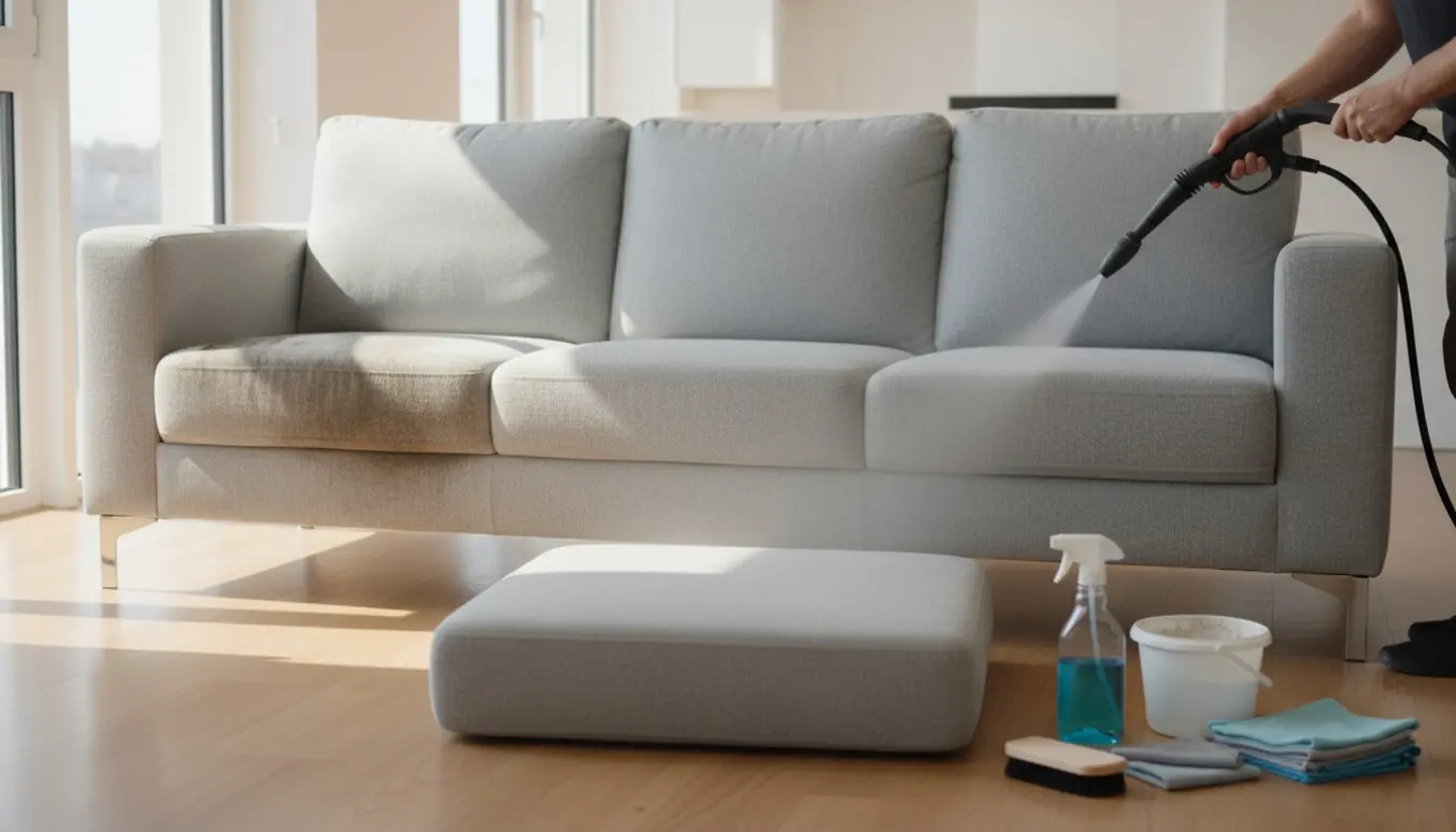 En person rengør en lysegrå sofa med en damprenser i en solfyldt stue, hvor der ses forskel mellem renset og snavset stof.