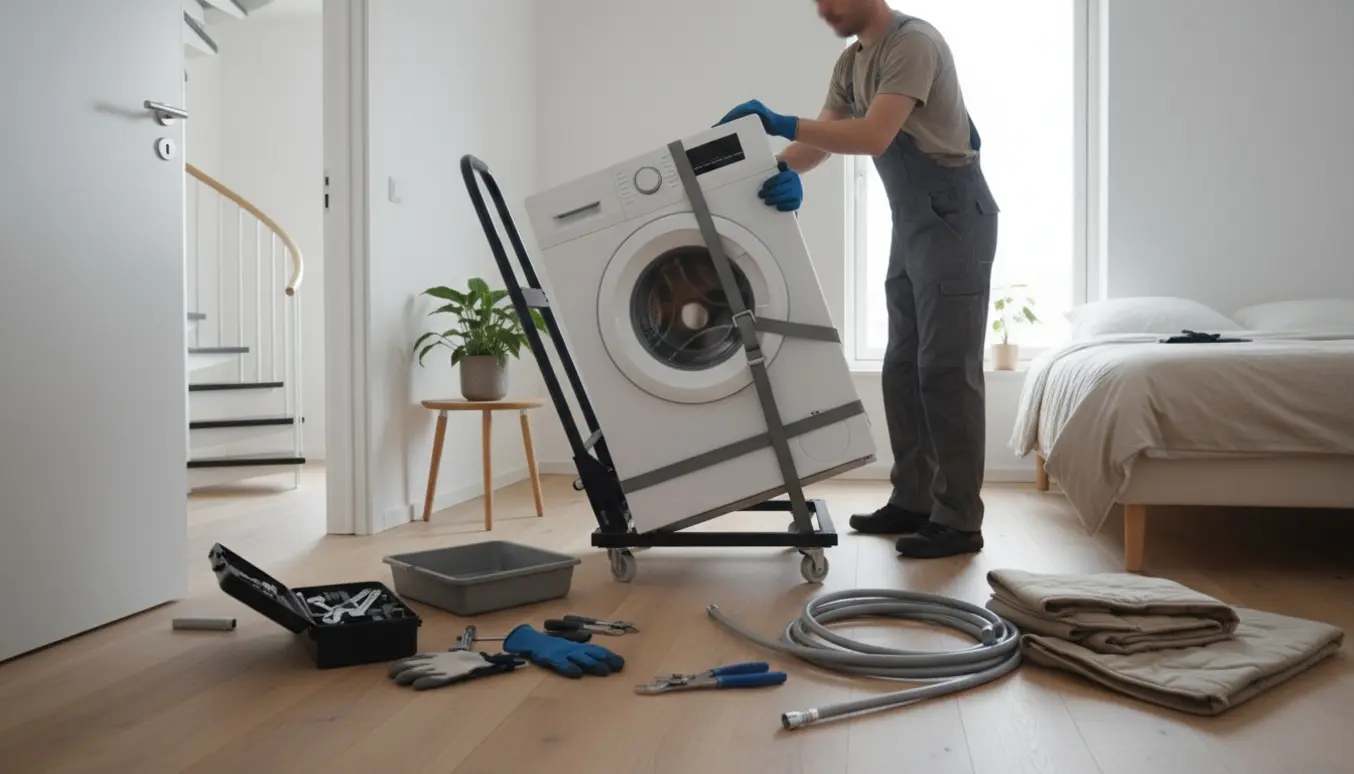 Tekniker afmonterer og gør klar til at fjerne en vaskemaskine fra et soveværelse i en lys lejlighed.